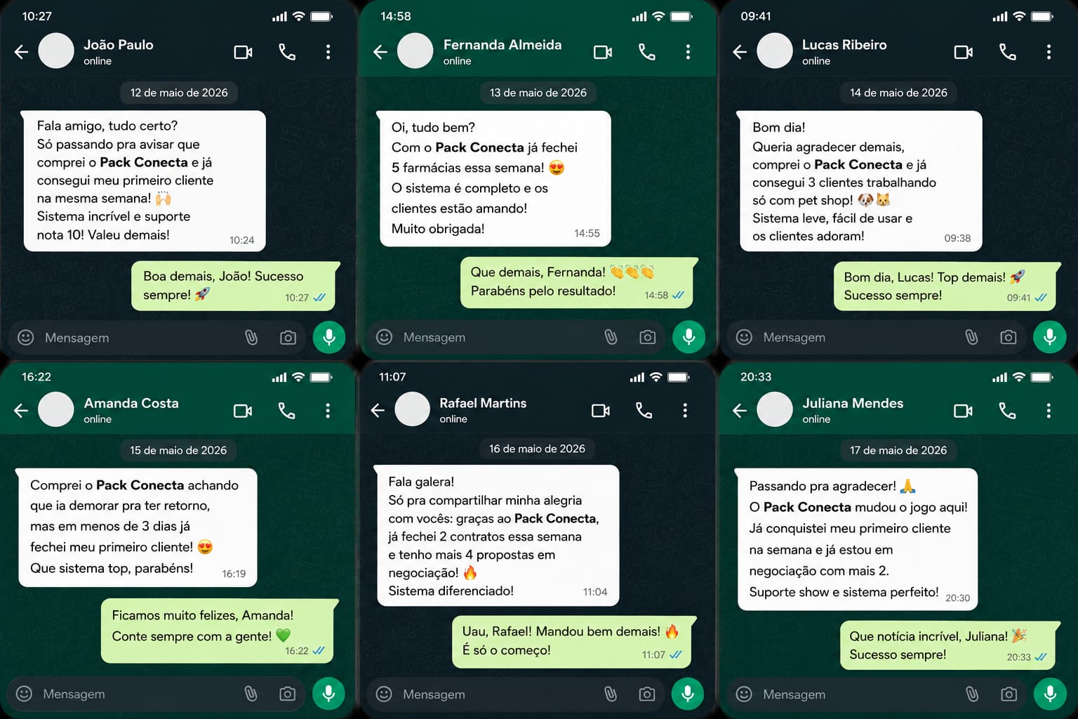 Depoimentos reais de clientes do Pack Conecta no WhatsApp